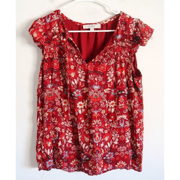 LOFT Tops - LOFT Red Floral Short Sleeve Blouse - Size Small